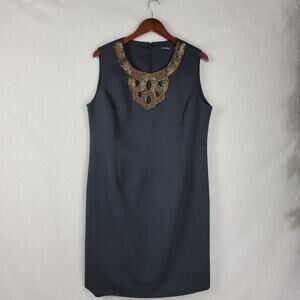 Ellen Tracy Womens Sheath Dress Size 16 Navy Beaded Sequin Statement Collar Mini